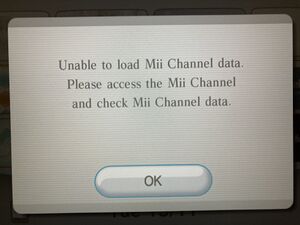 The screen the user gets when Mii data is corrupted. (Message that's shown on the Wii main menu.)